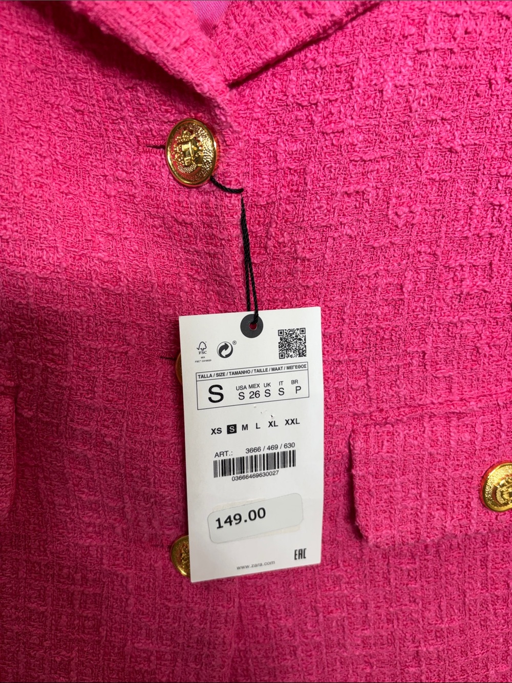 NWT Zara Bright Pink Tweed Blazer with Gold Buttons Small - Picture 7 of 12